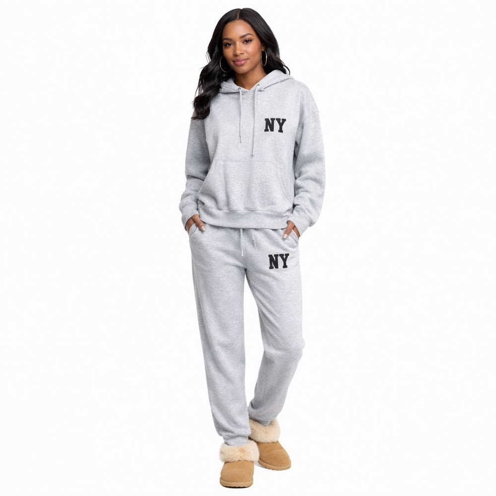 ZARA Cozy NY Logo Hoodie & Jogger Lounge Set | Gray | Casual Chic - Picture 11 of 15